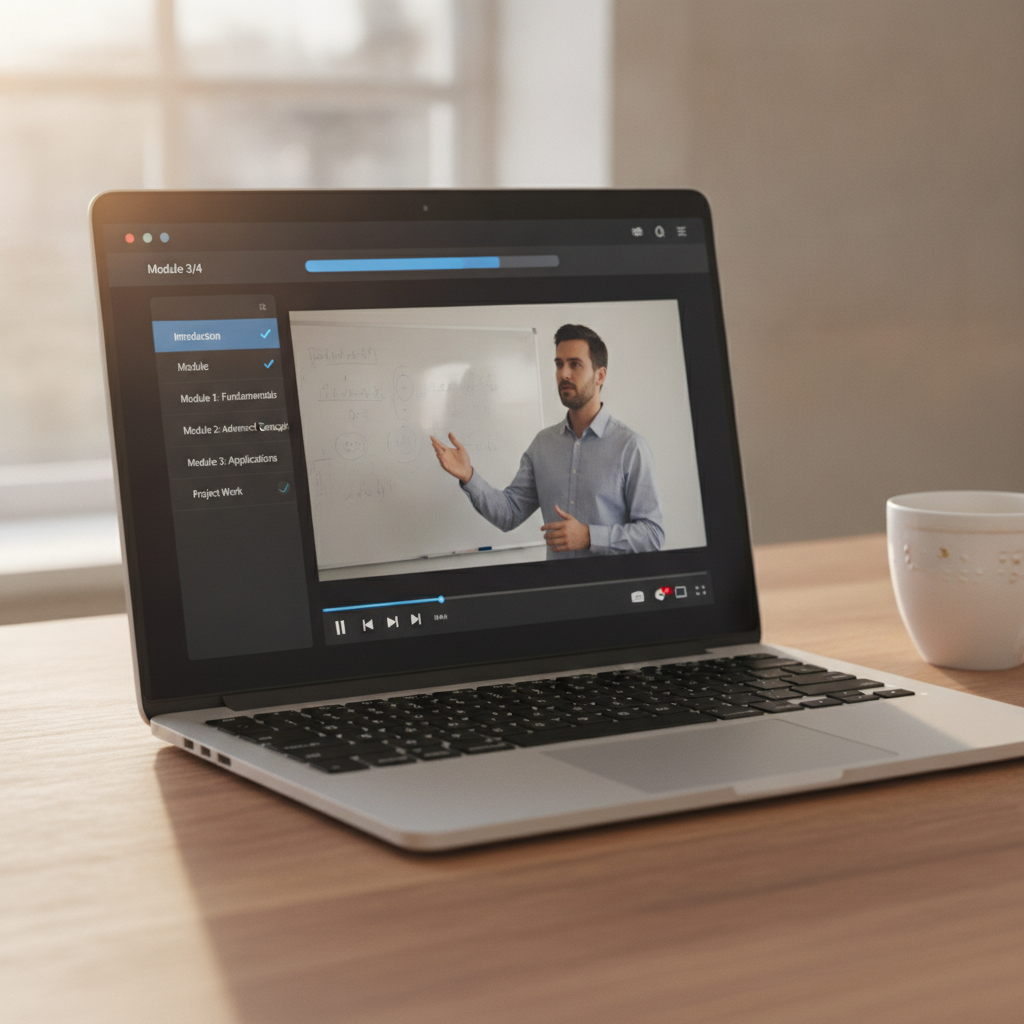 Student working through an online certification course on a laptop