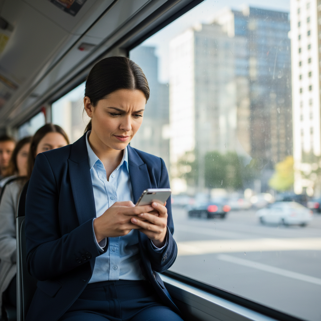 Person studying on a mobile phone on public transport